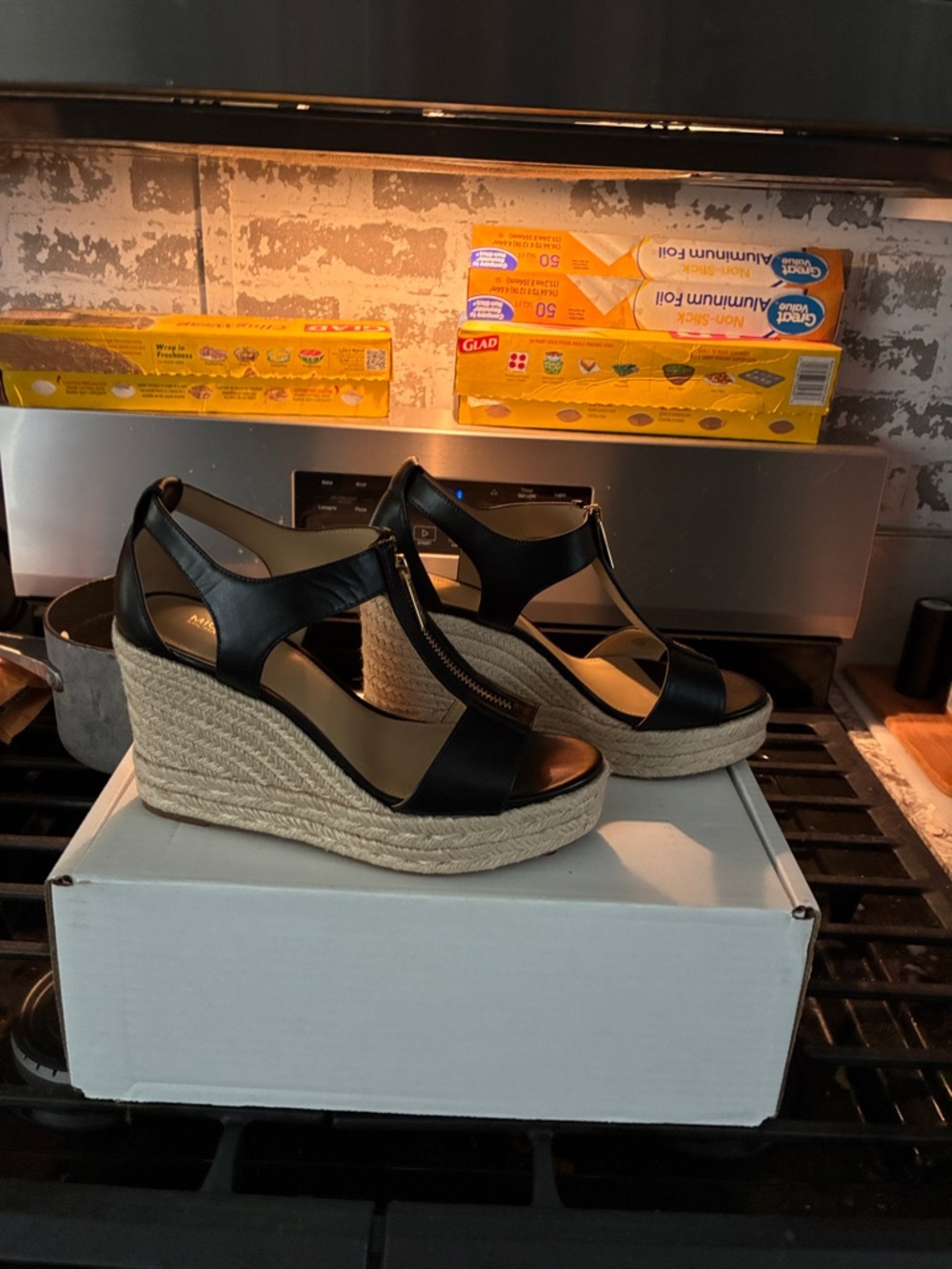 Michael Kors Black Leather Espadrille Wedge Sandals with Gold Zipper - Picture 2 of 4